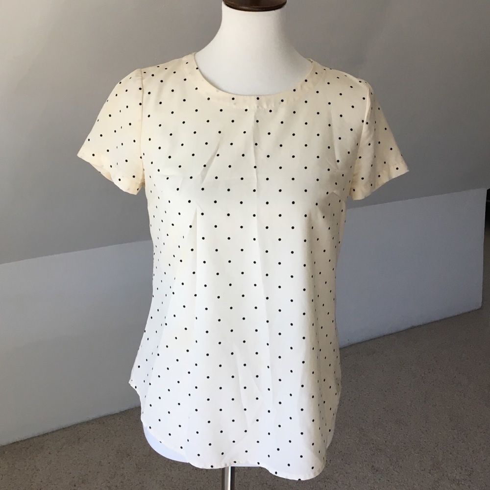 100% Silk Cream Polka Dot Short Sleeve Blouse